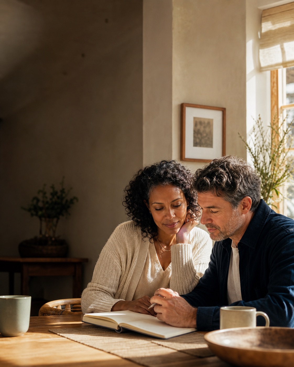 Professional couple reviewing family priorities together at home